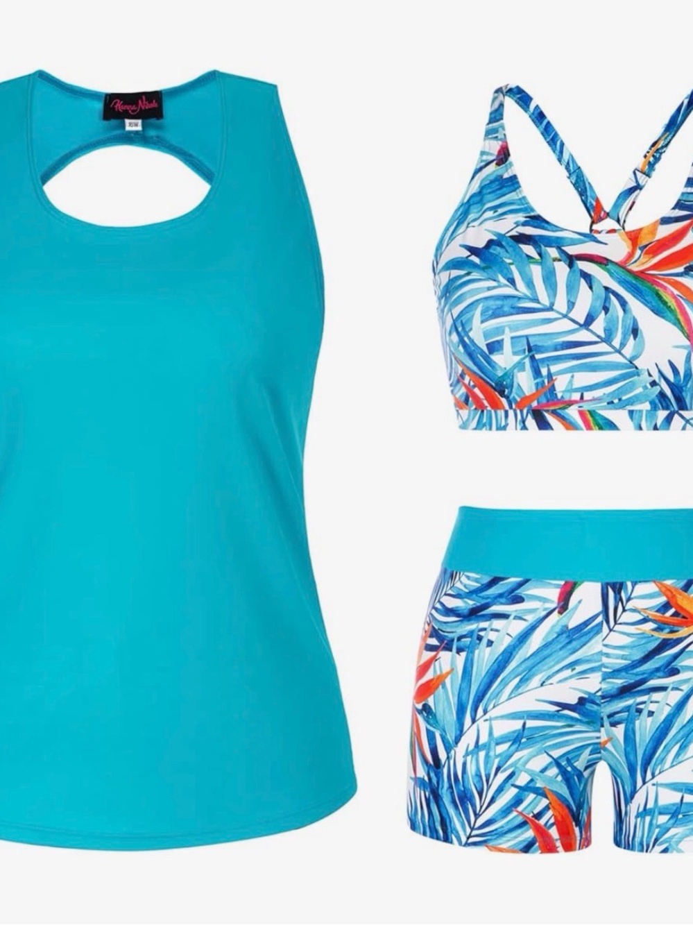 Turquoise Women's Swim Coverup Tankini with Tropical-Print Shorts